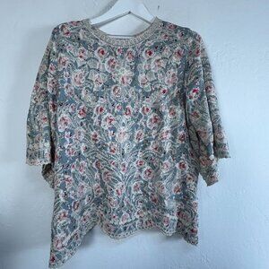 Solitaire Floral Embroidered Scallop Hem Tunic Blouse Women's Large Cottagecore